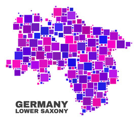 Mosaic Lower Saxony Land map isolated on a white background. Vector geographic abstraction in pink and violet colors. Mosaic of Lower Saxony Land map combined of scattered small squares.