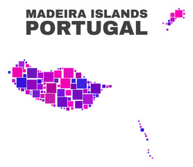 Mosaic Madeira Islands map isolated on a white background. Vector geographic abstraction in pink and violet colors. Mosaic of Madeira Islands map combined of scattered square elements.