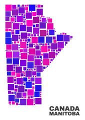Mosaic Manitoba Province map isolated on a white background. Vector geographic abstraction in pink and violet colors. Mosaic of Manitoba Province map combined of random square elements.