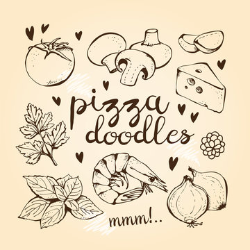 Pizza ingredients doodles, vector collection on beige background