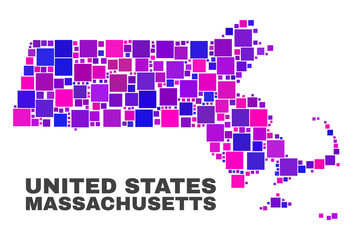 Mosaic Massachusetts State map isolated on a white background. Vector geographic abstraction in pink and violet colors. Mosaic of Massachusetts State map combined of scattered small squares.