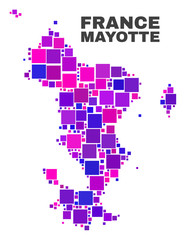 Mosaic Mayotte Islands map isolated on a white background. Vector geographic abstraction in pink and violet colors. Mosaic of Mayotte Islands map combined of scattered small squares.