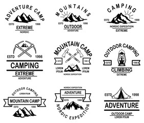 Set of mountain camp emblem templates. Design element for logo, label, emblem, sign, badge.