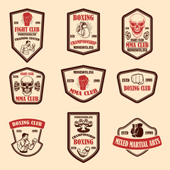 Set of mma and boxing club emblems. Design element for logo, label, sign, poster, t shirt. Vector illustration