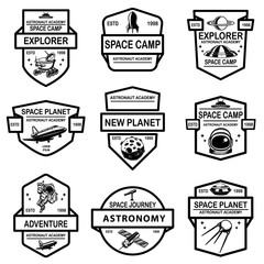 Set of space camp label templates. Design element for logo, label, sign, poster, t shirt.