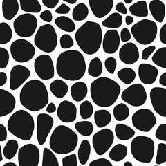 Seamless abstract pattern with black shabby spots on white background.