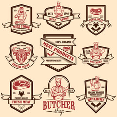 Set of vintage meat store labels. Design element for logo, emblem, sign, poster.