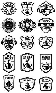Set of vintage tea house labels. Design element for logo, emblem, sign, poster.