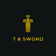 A sword logo design template. Awesome a sword with letter t logo. A sword with letter t lineart logotype.