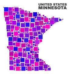 Mosaic Minnesota State map isolated on a white background. Vector geographic abstraction in pink and violet colors. Mosaic of Minnesota State map combined of random small squares.