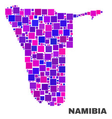 Mosaic Namibia map isolated on a white background. Vector geographic abstraction in pink and violet colors. Mosaic of Namibia map combined of random square elements.