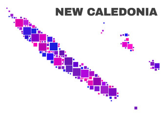 Mosaic New Caledonia Islands map isolated on a white background. Vector geographic abstraction in pink and violet colors. Mosaic of New Caledonia Islands map combined of scattered square elements.