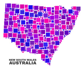 Mosaic New South Wales map isolated on a white background. Vector geographic abstraction in pink and violet colors. Mosaic of New South Wales map combined of random square elements.