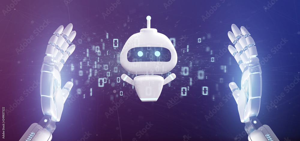 Poster cyborg hand holding chatbot with binary code 3d rendering