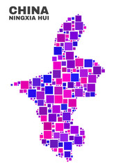 Mosaic Ningxia Hui Region map isolated on a white background. Vector geographic abstraction in pink and violet colors. Mosaic of Ningxia Hui Region map combined of random small squares.