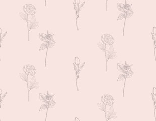 Vector Seamless Pattern with Drawn Flowers, Plants