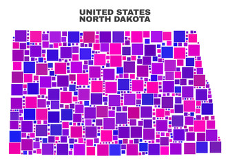 Mosaic North Dakota State map isolated on a white background. Vector geographic abstraction in pink and violet colors. Mosaic of North Dakota State map combined of scattered square elements.