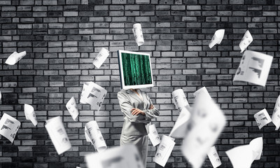 Business woman with monitor instead of head.