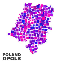 Mosaic Opole Voivodeship map isolated on a white background. Vector geographic abstraction in pink and violet colors. Mosaic of Opole Voivodeship map combined of scattered square elements.