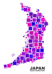 Mosaic Osaka Prefecture map isolated on a white background. Vector geographic abstraction in pink and violet colors. Mosaic of Osaka Prefecture map combined of random square elements.