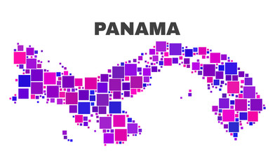 Mosaic Panama map isolated on a white background. Vector geographic abstraction in pink and violet colors. Mosaic of Panama map combined of scattered square elements.