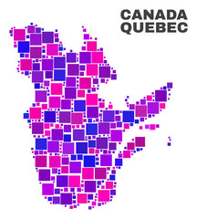 Mosaic Quebec Province map isolated on a white background. Vector geographic abstraction in pink and violet colors. Mosaic of Quebec Province map combined of random square items.