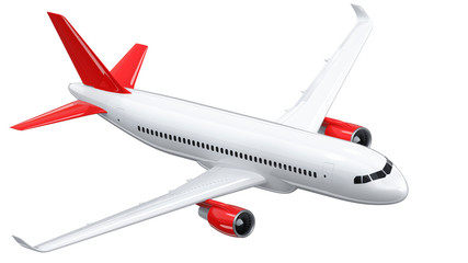 High detailed white airliner with a red tail wing, 3d render on a white background. Airplane makes a turn, isolated 3d illustration. Airline Concept Travel Passenger plane. Jet commercial airplane