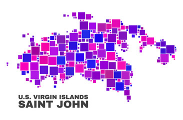 Fototapeta premium Mosaic Saint John Island map isolated on a white background. Vector geographic abstraction in pink and violet colors. Mosaic of Saint John Island map combined of random square elements.