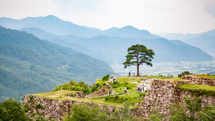 Photo of visitors and a lone tree at Takeda Castle Ruins located in Hyogo Prefecture's Asago City, which is a popular side trip from nearby Himeji, with mountain range in the background.