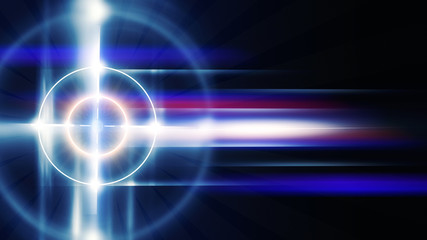 Obraz premium Futuristic abstract background with neon target, laser beams and a searchlight.