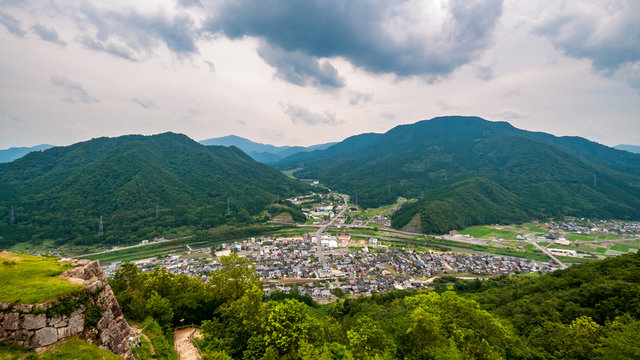 Photo of the panoramic view taken from the top of Takeda Castle Ruins located in Hyogo Prefecture's Asago City in Japan, which is a famous and popular side trip from nearby Himeji.