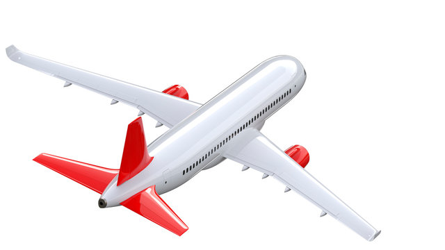 High detailed white airliner with a red tail wing, 3d render on a white background. Back view of Airplane, isolated 3d illustration. Airline Concept Travel Passenger plane. Jet commercial airplane