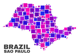 Mosaic Sao Paulo State map isolated on a white background. Vector geographic abstraction in pink and violet colors. Mosaic of Sao Paulo State map combined of scattered square elements.