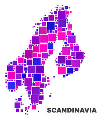 Mosaic Scandinavia map isolated on a white background. Vector geographic abstraction in pink and violet colors. Mosaic of Scandinavia map combined of random small squares.