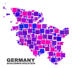 Mosaic Schleswig-Holstein Land map isolated on a white background. Vector geographic abstraction in pink and violet colors. Mosaic of Schleswig-Holstein Land map combined of random square elements.