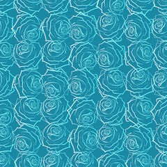 Seamless pattern of large white and blue roses, on a blue-green background.