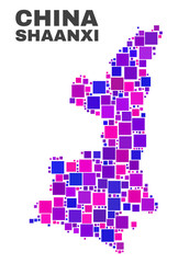 Mosaic Shaanxi Province map isolated on a white background. Vector geographic abstraction in pink and violet colors. Mosaic of Shaanxi Province map combined of random small squares.