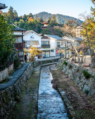 Fototapeta na wymiar Vertical photo of a river stream and traditional wooden townhouses, with the top of Tahoto Pagoda visible in the background, located in the famous Miyajima Island.