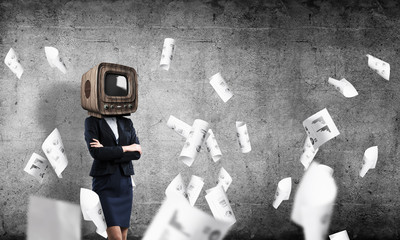 Business woman with old TV instead of head.