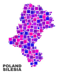 Obraz premium Mosaic Silesian Voivodeship map isolated on a white background. Vector geographic abstraction in pink and violet colors. Mosaic of Silesian Voivodeship map combined of scattered square items.