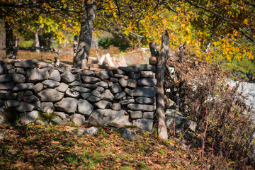 close up of a old and cracked stoned wall. Autumn time. Outdoor.