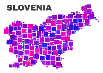 Fototapeta premium Mosaic Slovenia map isolated on a white background. Vector geographic abstraction in pink and violet colors. Mosaic of Slovenia map combined of scattered square elements.