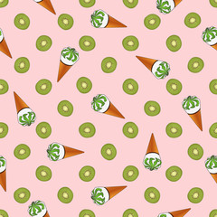 Seamless pattern of ice cream in a waffle cup and kiwi.