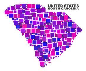 Mosaic South Carolina State map isolated on a white background. Vector geographic abstraction in pink and violet colors. Mosaic of South Carolina State map combined of scattered square elements.