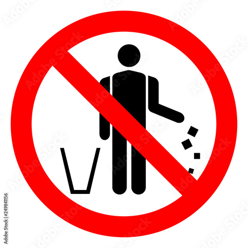 "prohibition sign that prohibits throwing trash past the garbage can. The sign depicts a person