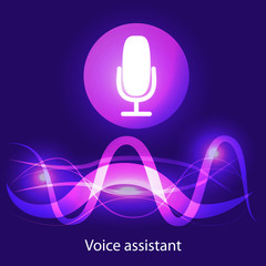 Personal assistant and voice recognition concept flat illustration of sound symbol intelligent technologies. Microphone button with bright voice and sound imitation lines.