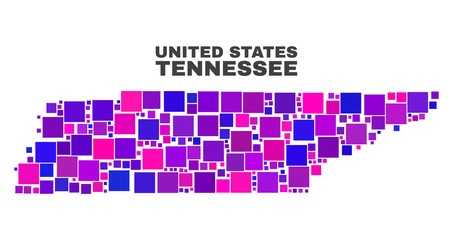 Mosaic Tennessee State map isolated on a white background. Vector geographic abstraction in pink and violet colors. Mosaic of Tennessee State map combined of random square elements.