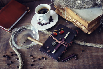 retro paper empty and objects pen rope cigar