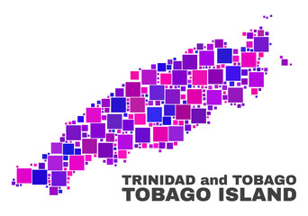 Obraz premium Mosaic Tobago Island map isolated on a white background. Vector geographic abstraction in pink and violet colors. Mosaic of Tobago Island map combined of scattered square items.