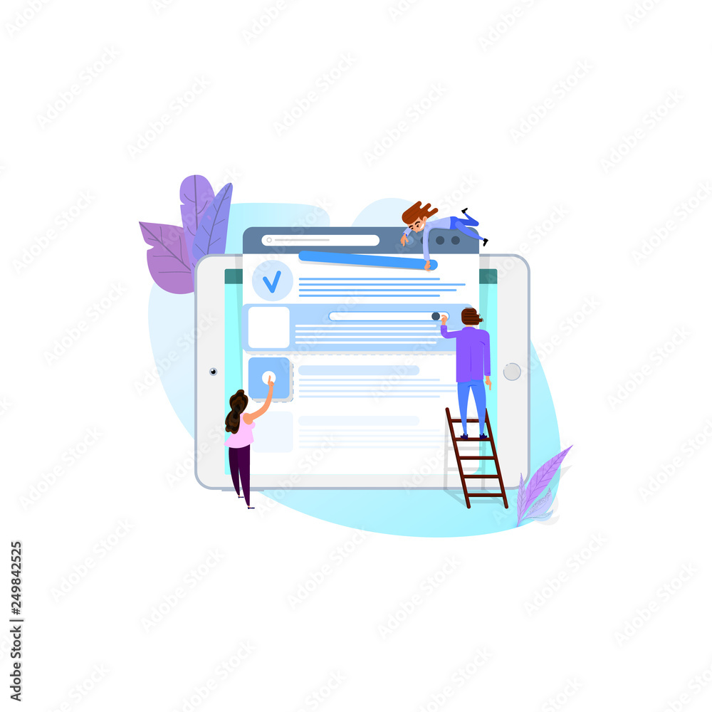 Wall mural web development concept. website page template - tiny people build landing page elements